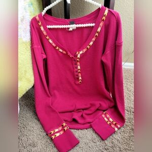 We The Free Pink Long Sleeve Henley Top with Multicolor Embroidered Trim♡